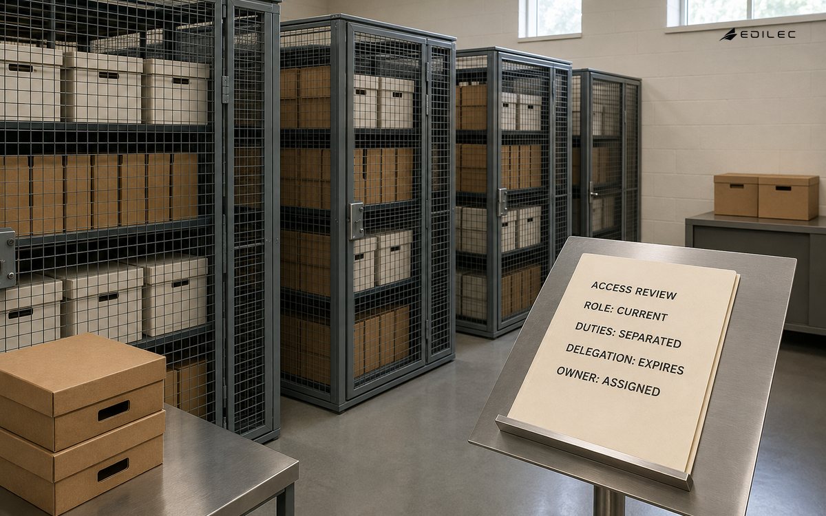 Separate records cages surround an access-review folio showing a current role, separated duties and expiring delegation.
