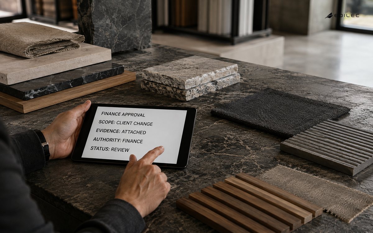 A reviewer checks material samples beside a finance approval record for a client change.