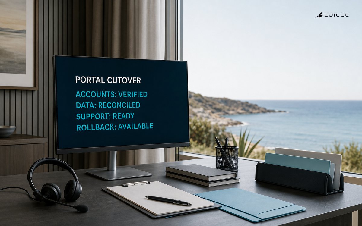 A hotel service office prepares a client portal for a controlled cloud cutover.