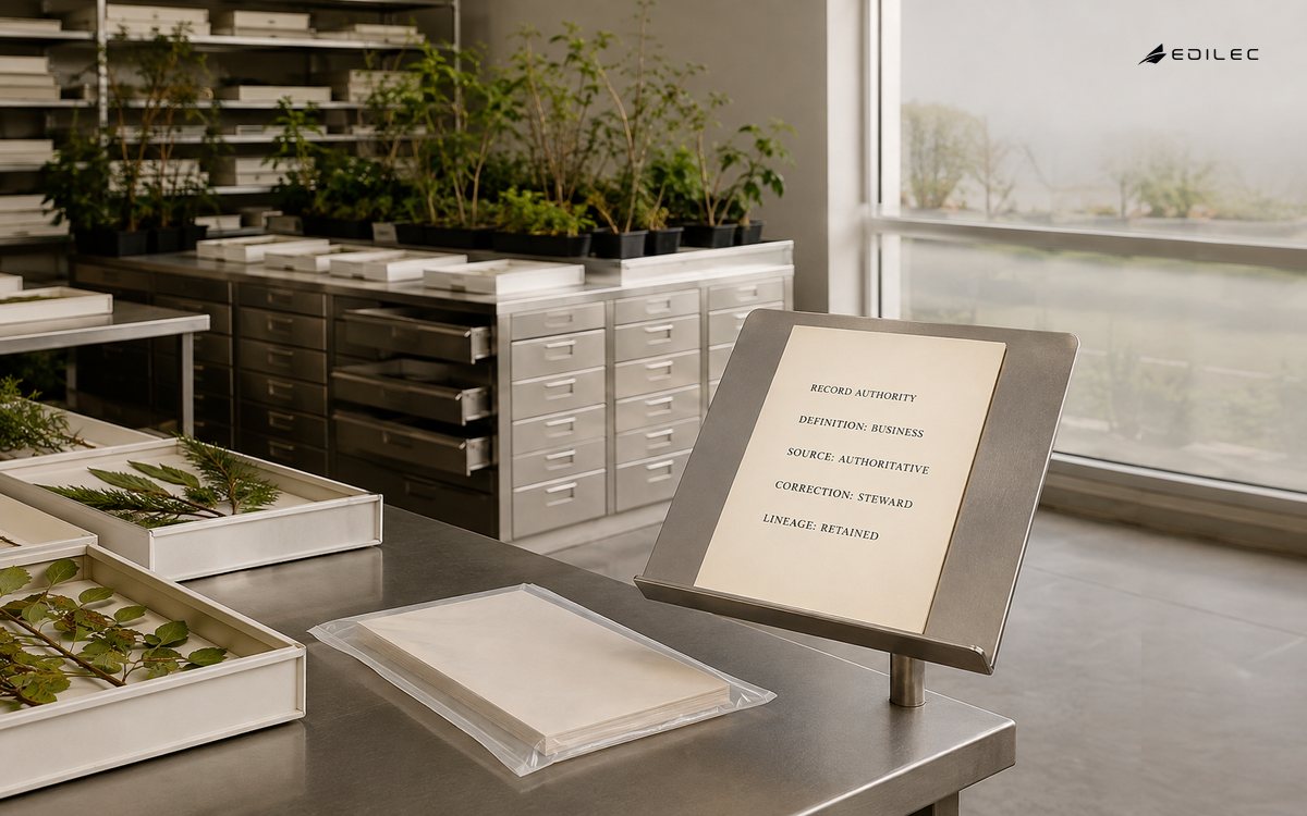 A tree-nursery records office separates business definition, authoritative source, steward correction and retained lineage.