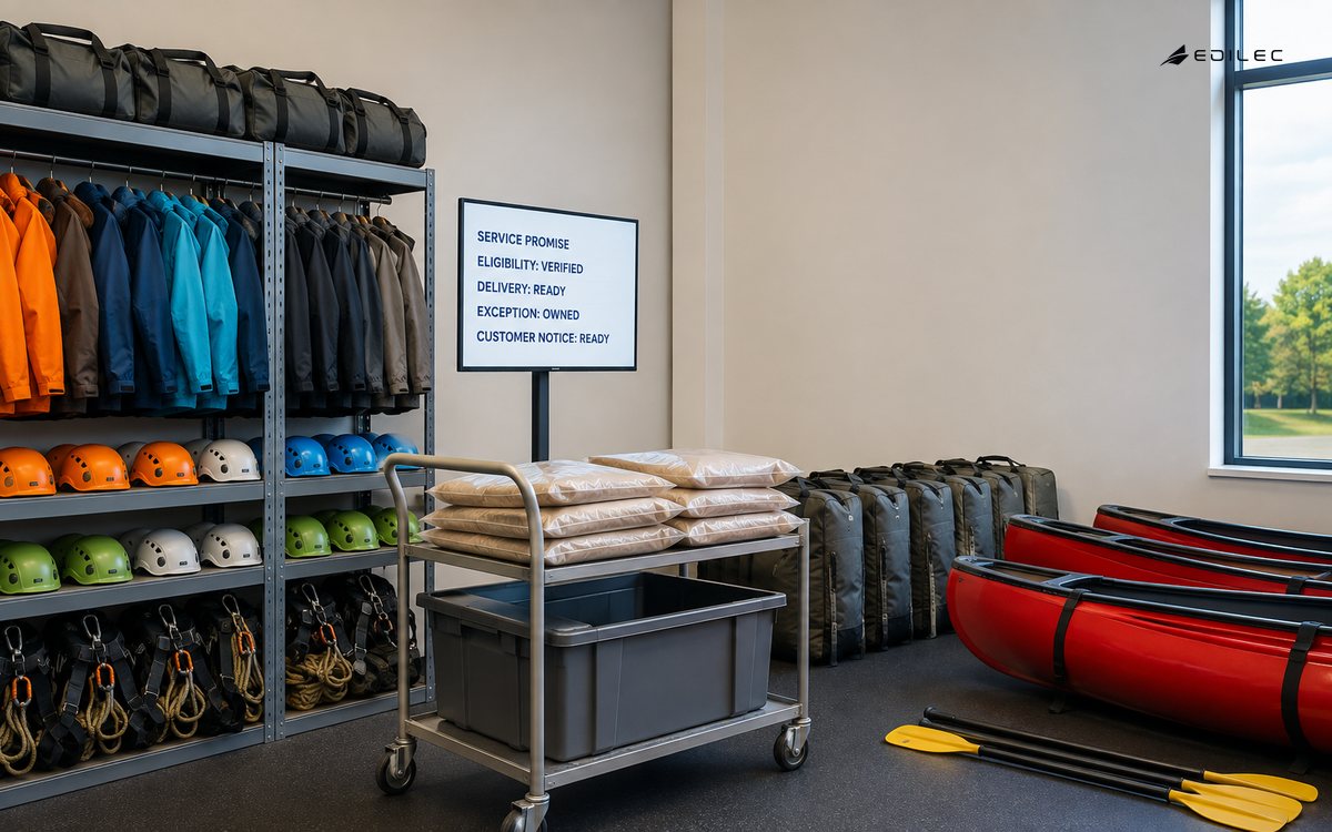 An outdoor-education rental room connects a service promise to verified eligibility, ready delivery and owned exceptions.
