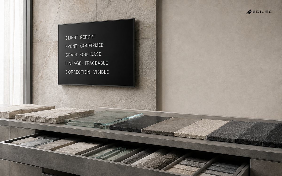 An architecture materials suite displays a client report with confirmed events, one-case grain, traceable lineage and visible correction.