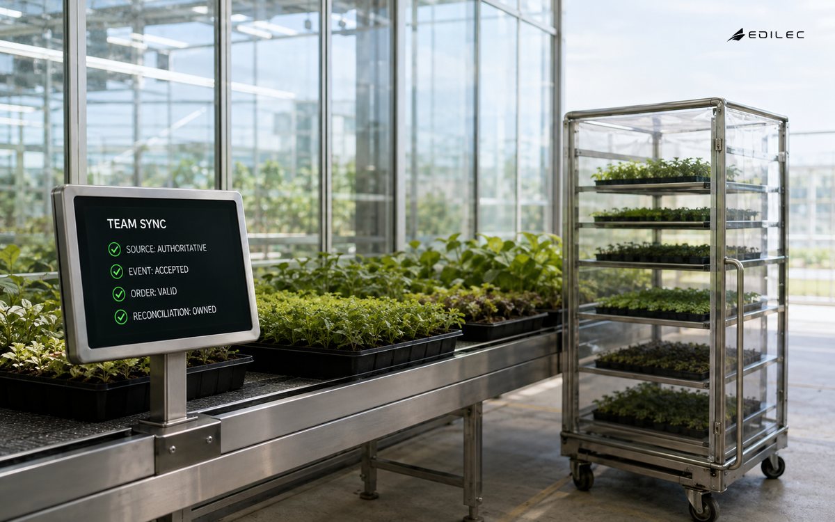 A greenhouse seedling handoff bay records an accepted team-sync event from an authoritative source with owned reconciliation.