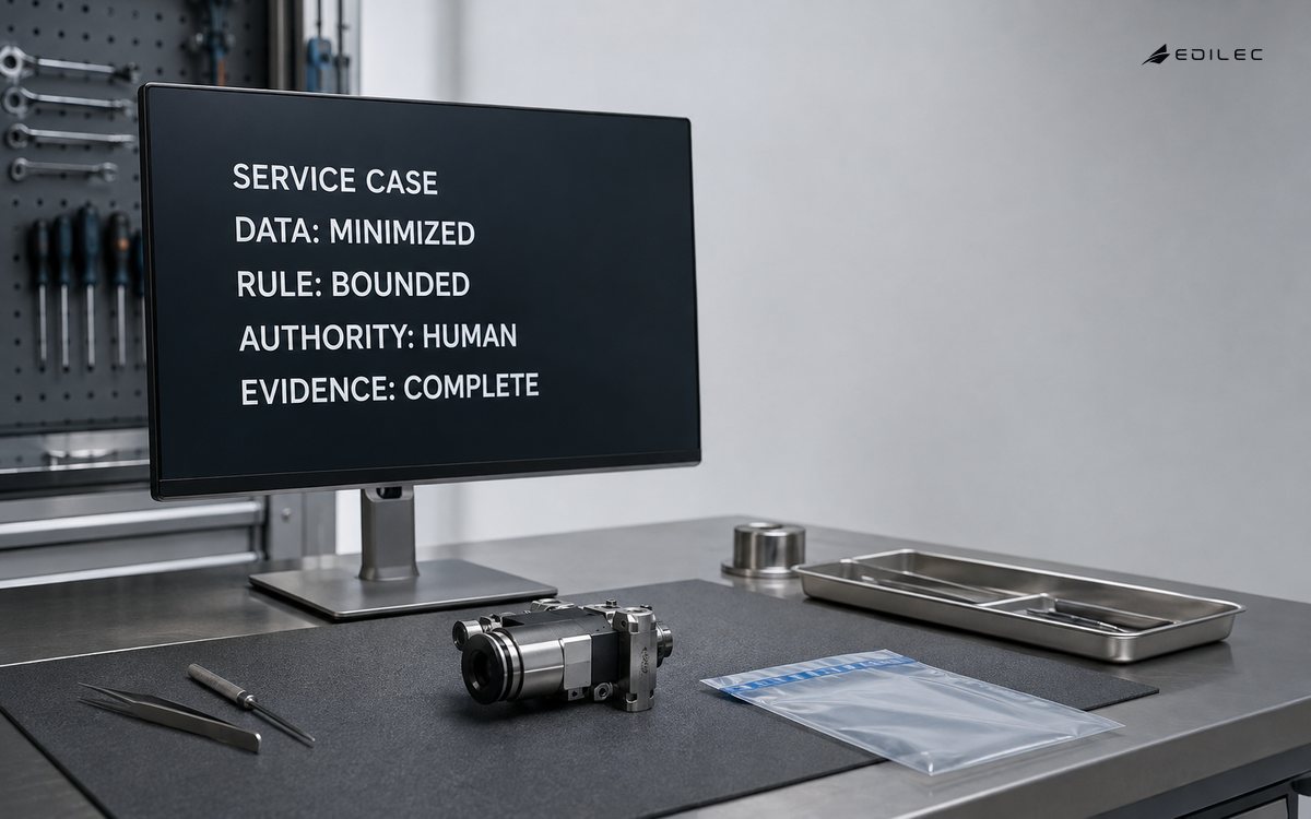 A regulated instrument workshop keeps its CRM service case bounded and evidence-complete.