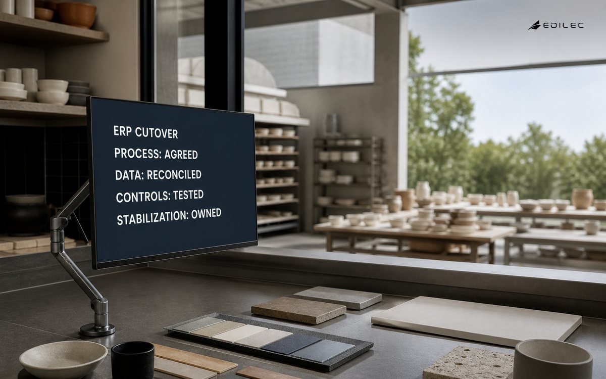 A ceramics production office prepares an ERP cloud cutover with reconciled data and tested controls.