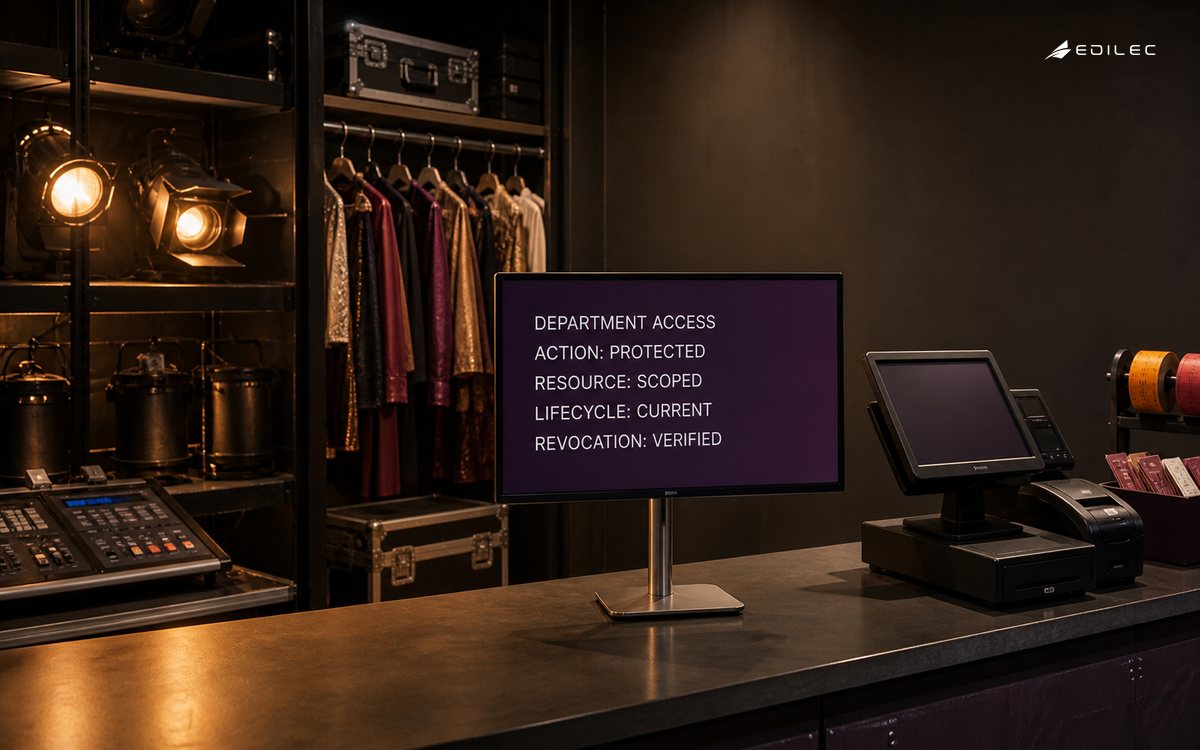 A theatre operations office reviews protected department access by resource and lifecycle.