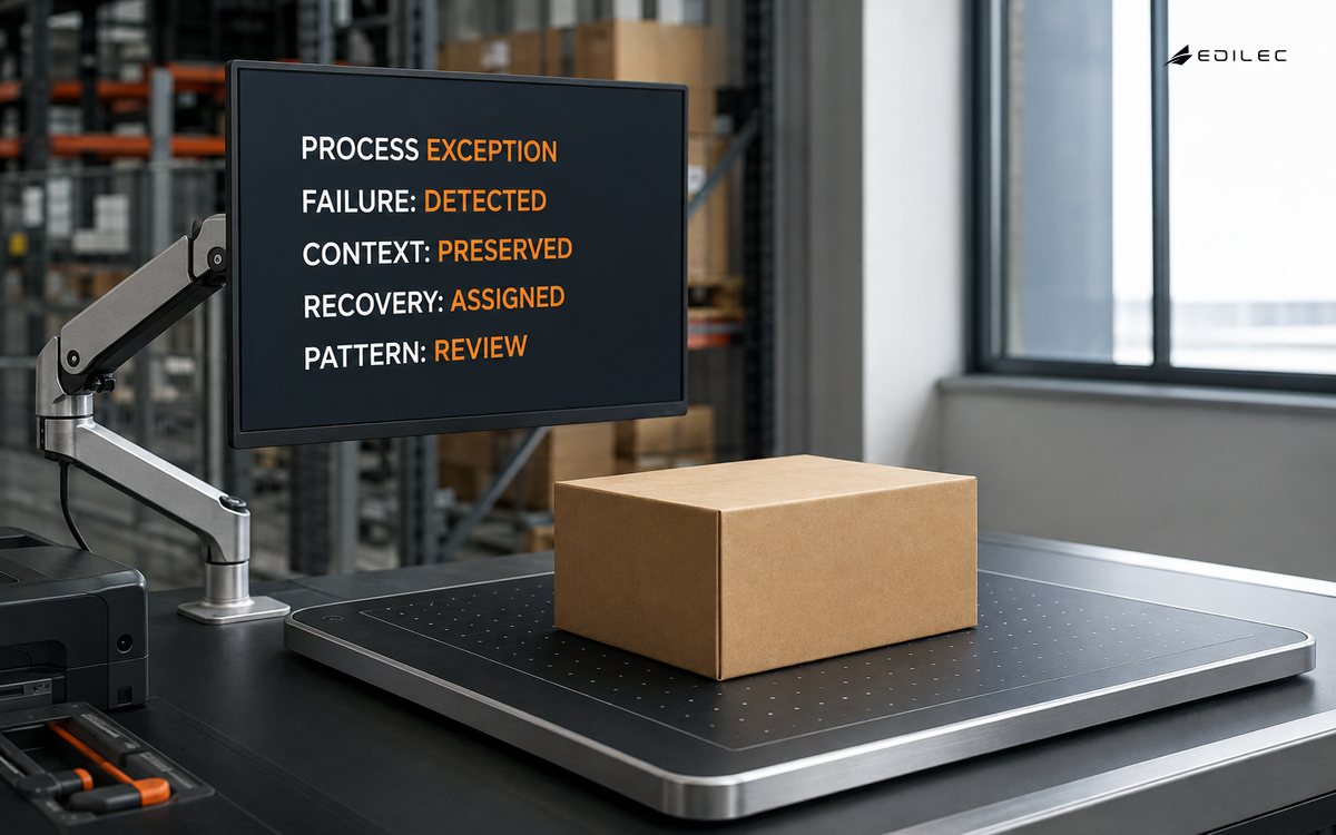 A parcel quality station preserves context and assigns recovery for a process exception.