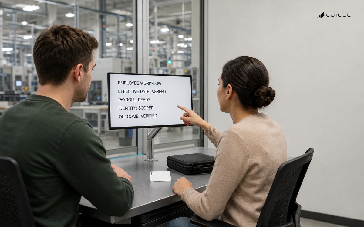 A manufacturing onboarding team reviews an HRMS workflow before employee access begins.