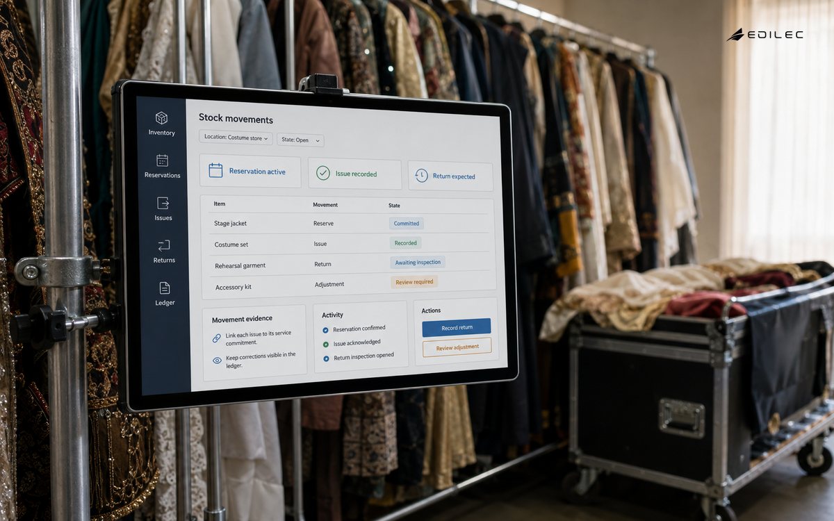 An inventory tablet among costume racks tracks reservations, issues, returns and reviewable adjustments.