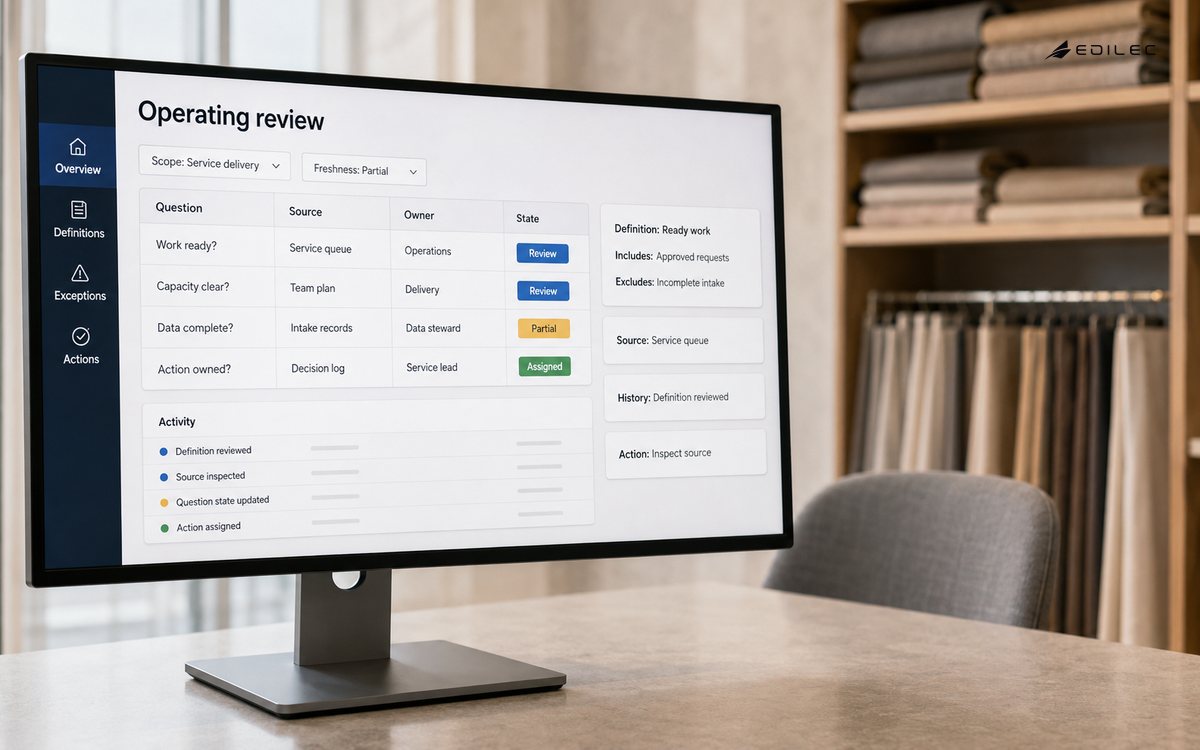 A monitor in a service-business materials office shows operating questions, source freshness and action owners.