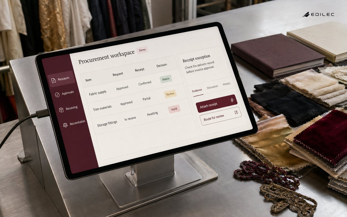A procurement application reconciles material requests and receipts beside a reviewable exception.