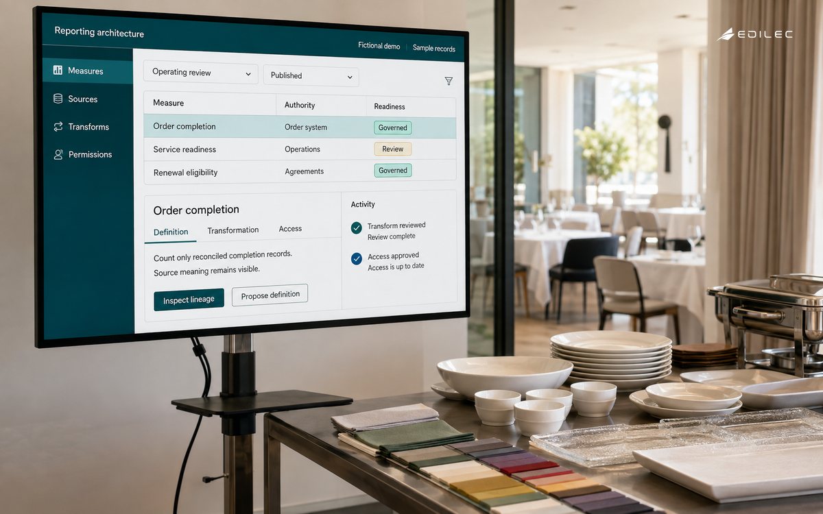An enterprise reporting catalog is shown beside an event-catering planning table.