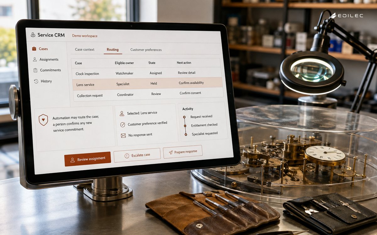 A repair shop tablet shows case eligibility, specialist routing and held customer commitments beside a mechanical clock.