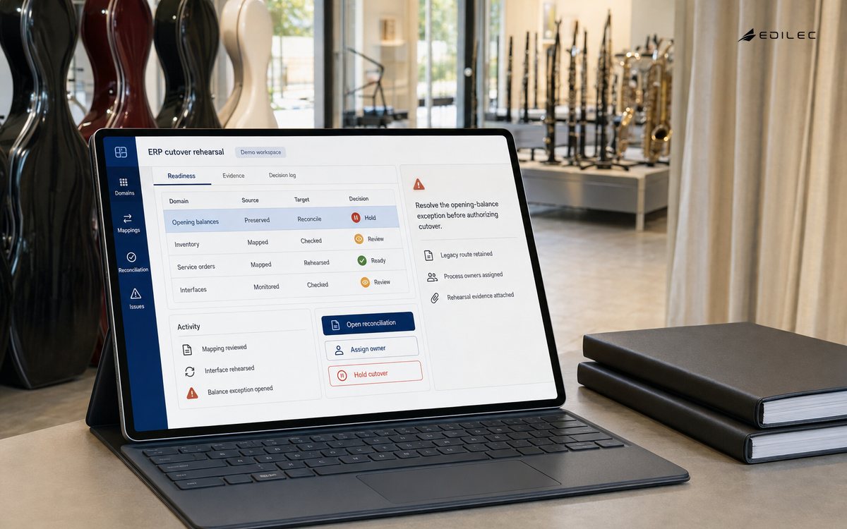 A tablet in an instrument distributor office shows ERP cutover readiness and opening-balance reconciliation.