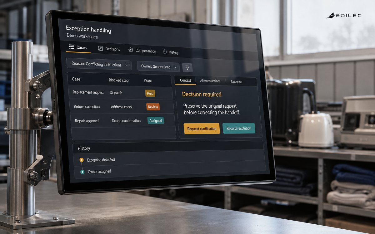 An appliance-service terminal shows owned exception cases and controlled resolution choices.