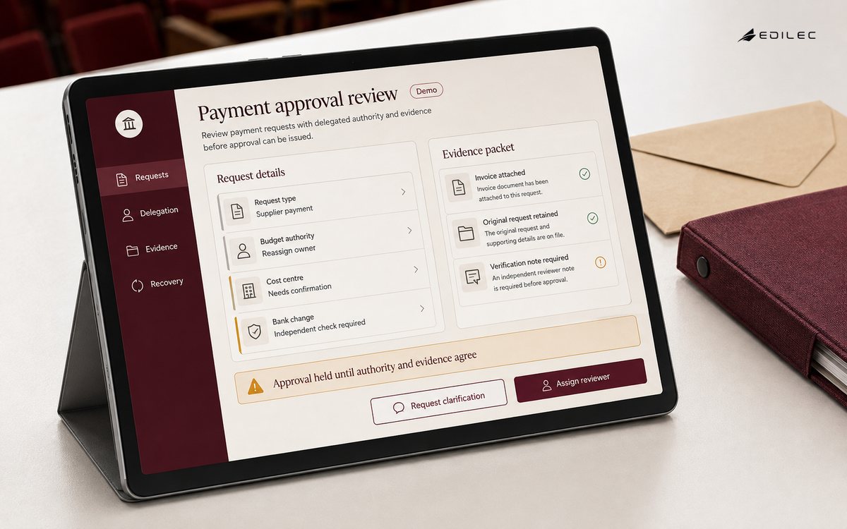 A finance approval form holds a supplier-payment request while authority and verification evidence are resolved.