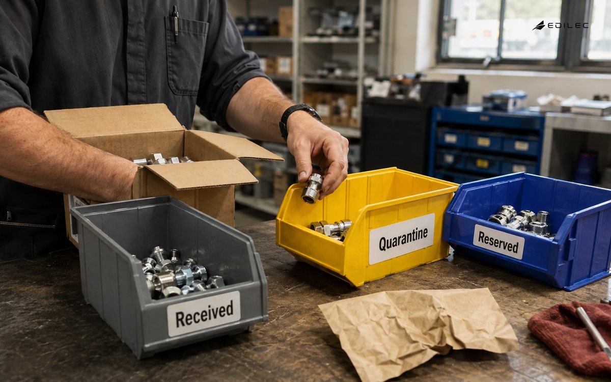 Technician moving a metal fitting into a quarantine bin beside received and reserved stock.