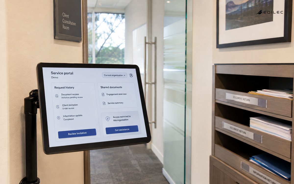 Organization-scoped service portal at a professional service records alcove.