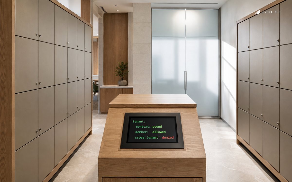 Two separated document-compartment banks flank a tenant-boundary record that denies cross-tenant access.