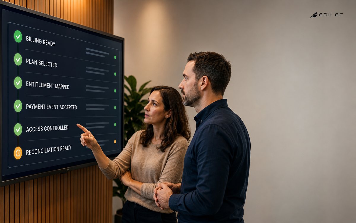 Product and finance teammates reviewing a billing workflow linking plan selection, entitlement, payment events, access and reconciliation.