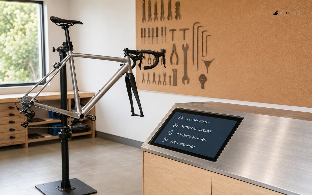 A scoped support console in a bicycle service studio limits an action to one account and records the audit trail.