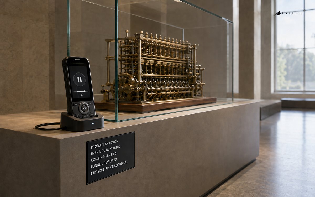 A docked museum audio guide beside a mechanical calculating-machine exhibit shows active playback while a narrow plinth screen records a guide-start event, verified consent, funnel review and an onboarding decision.
