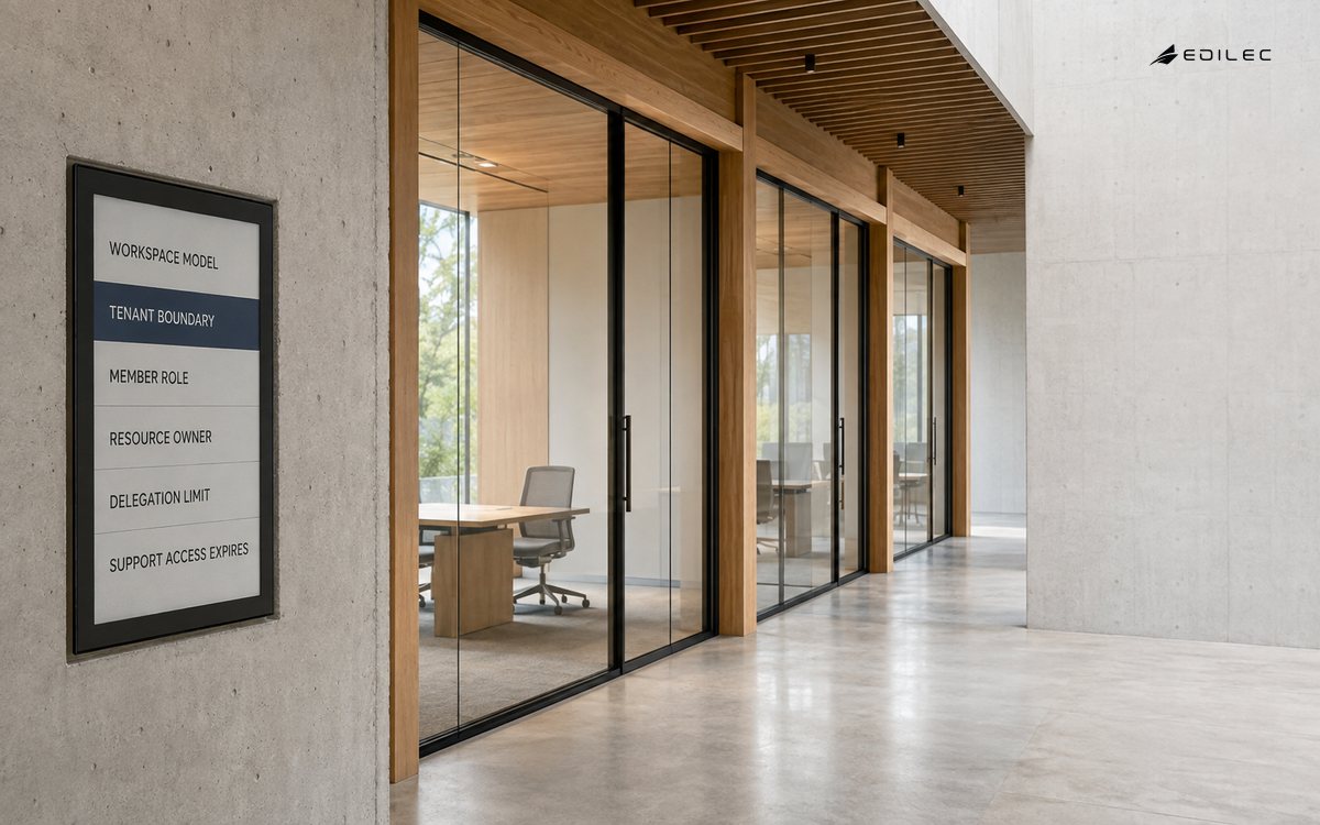 Separated glazed offices illustrate customer workspace boundaries beside an index of tenancy, membership, ownership, delegation and expiring support access.