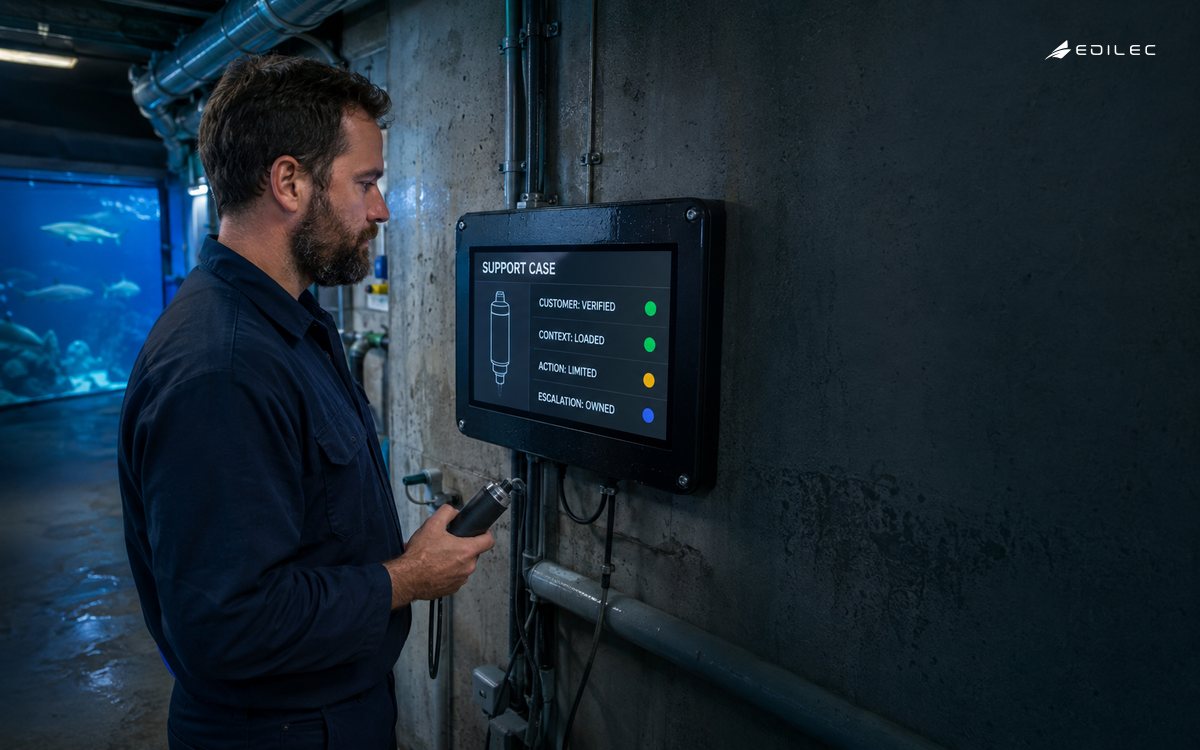An aquarium field technician reviews a support case with verified customer, loaded context, limited action and owned escalation.