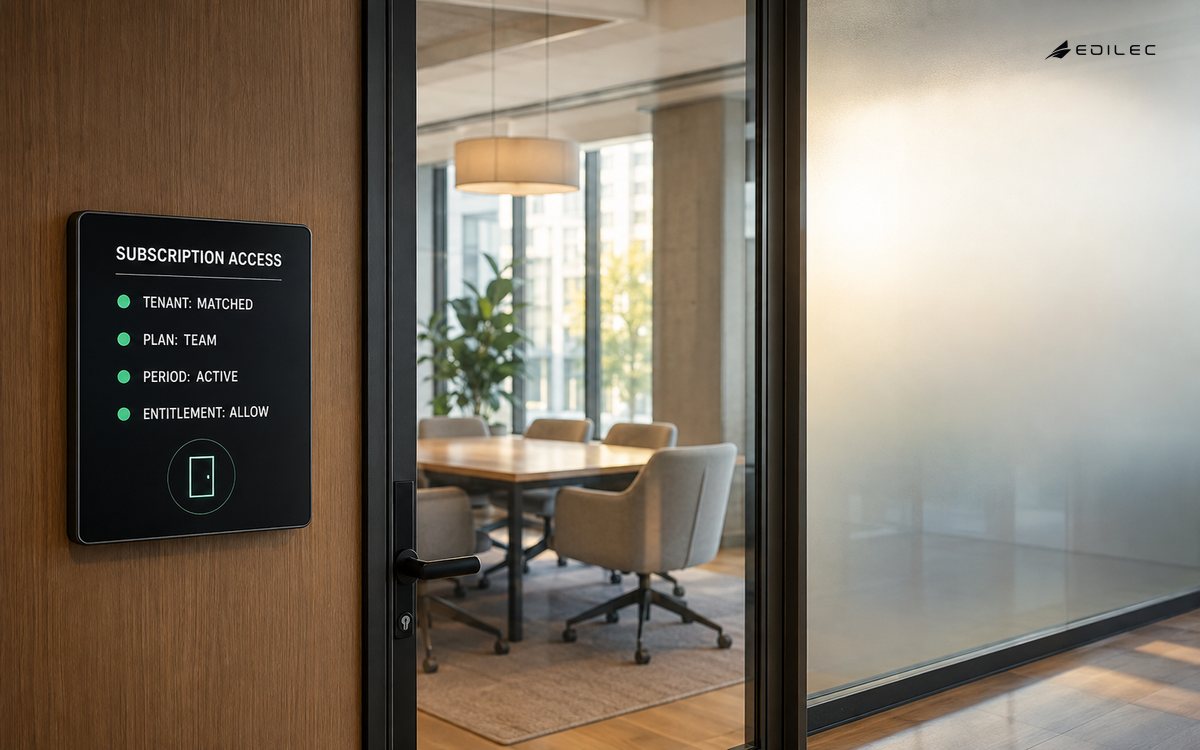 A meeting-suite access panel matches tenant, team plan and active period before allowing the subscription entitlement.