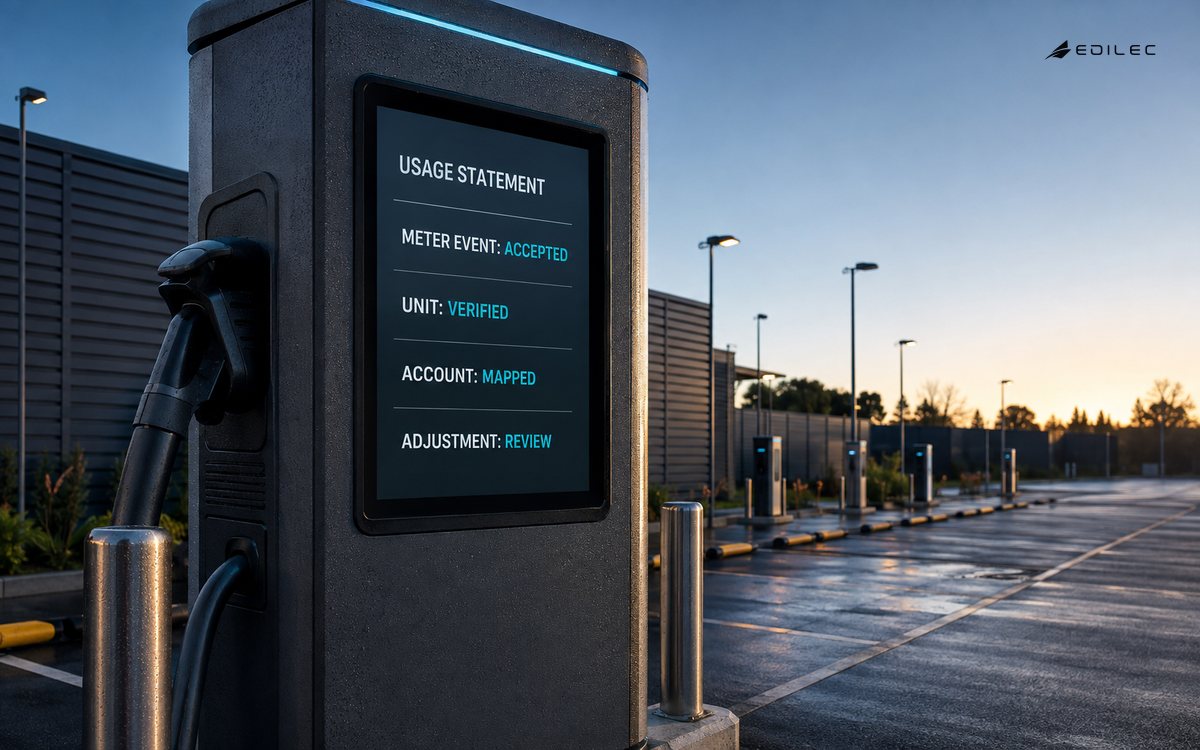 An unbranded fleet-charging pedestal shows a usage statement with an accepted meter event, verified unit, mapped account and adjustment review.