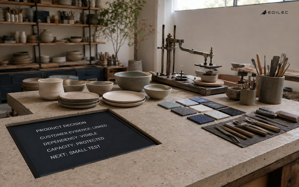 A ceramics product studio integrates a decision ledger linking customer evidence, visible dependency, protected capacity and a small next test.