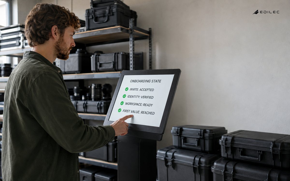 A new photography-studio member uses a fixed onboarding terminal showing a completed path from invitation through first value.