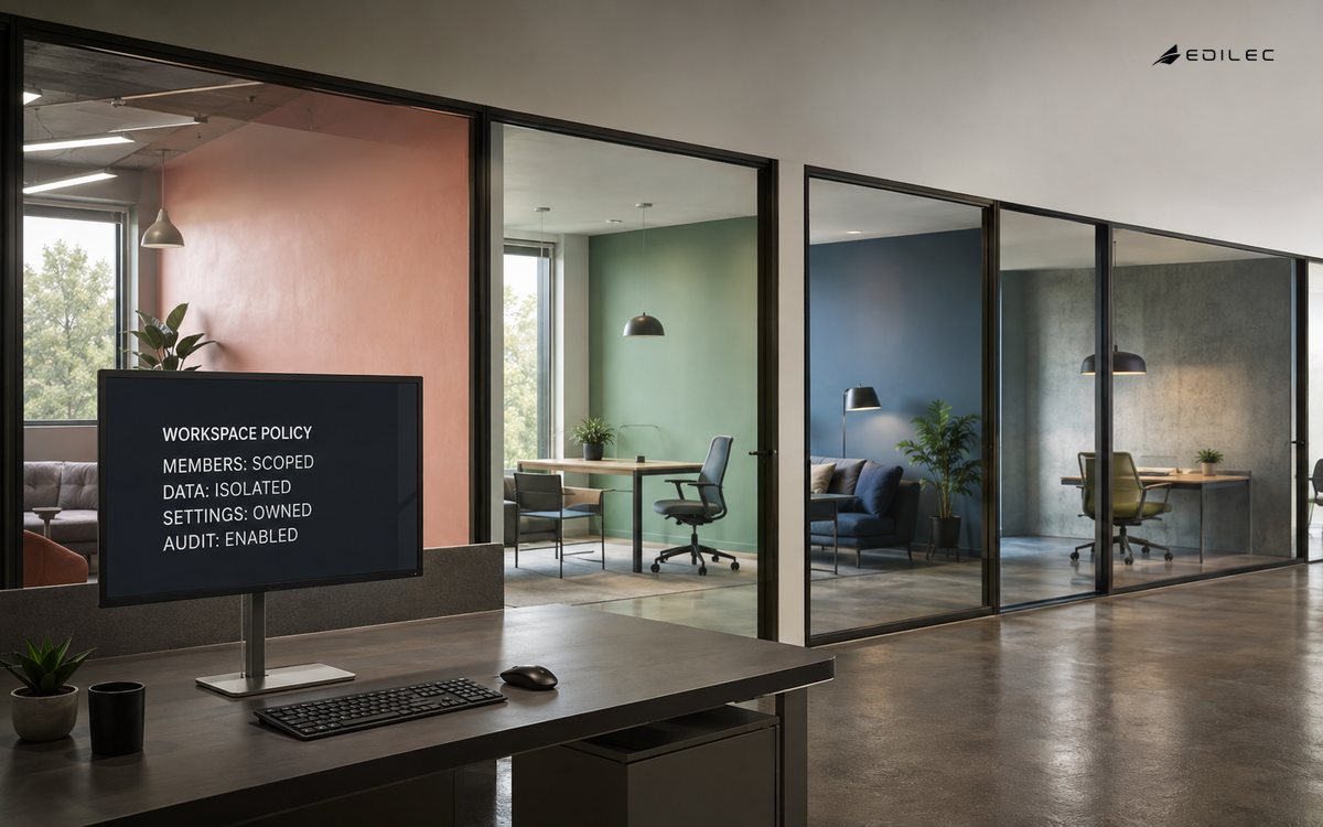 Distinct coworking rooms sit behind a software policy for scoped members and isolated data.
