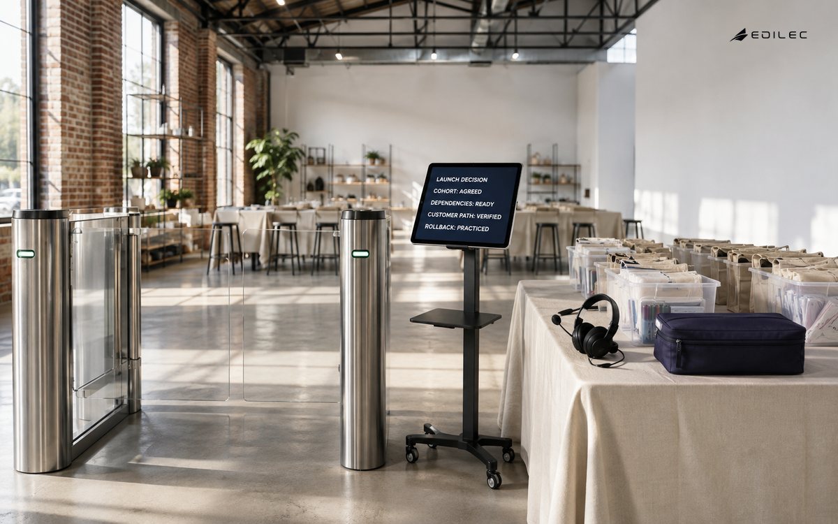 An arts booking launch rehearsal shows an agreed cohort, ready dependencies, verified customer path and practiced rollback.
