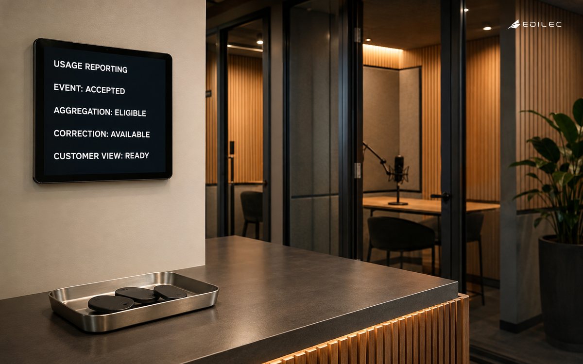 A coworking podcast-studio reception records accepted usage eligible for aggregation with correction available and a ready customer view.