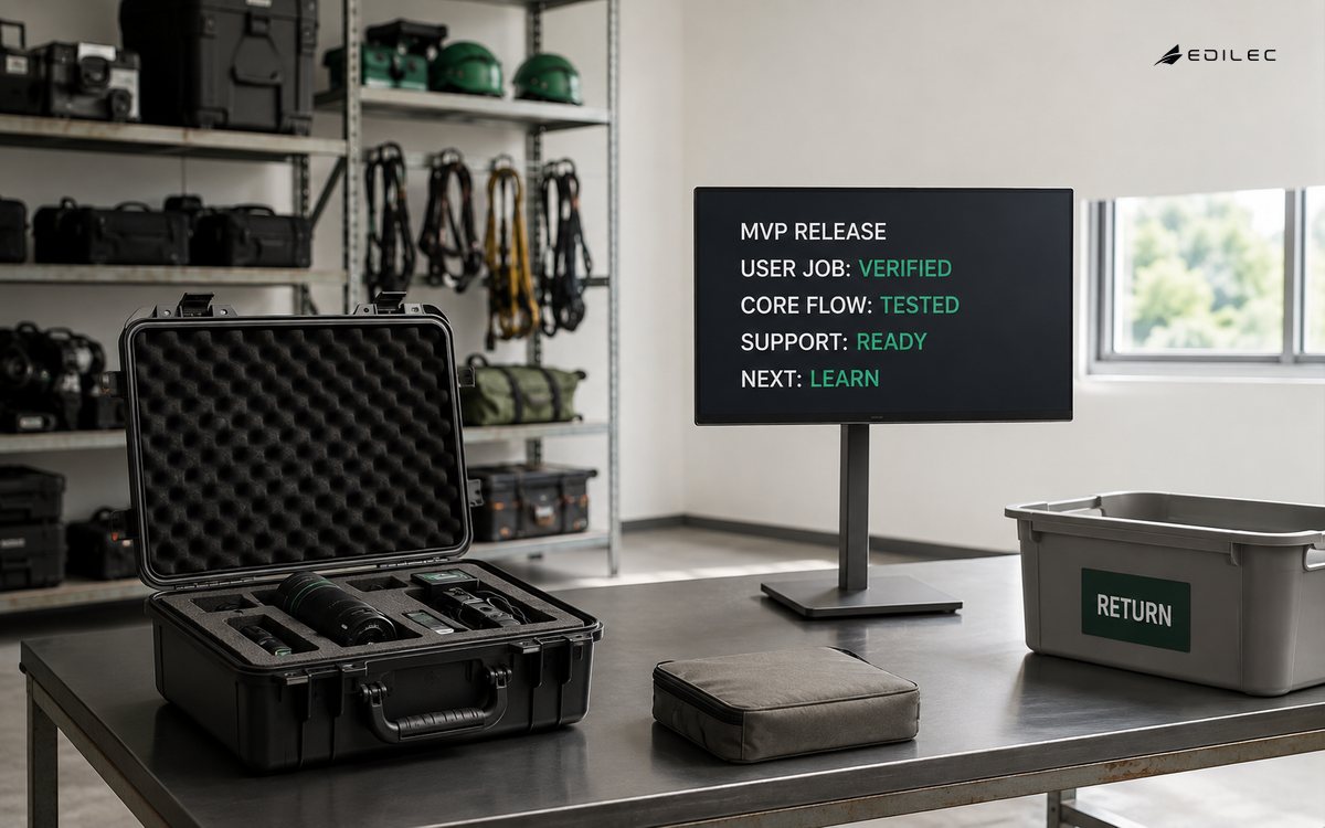 An equipment rental service lab defines a small, testable SaaS MVP release.
