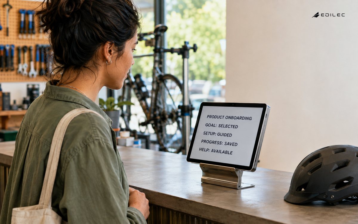 A community bicycle workshop member follows a guided product onboarding flow.