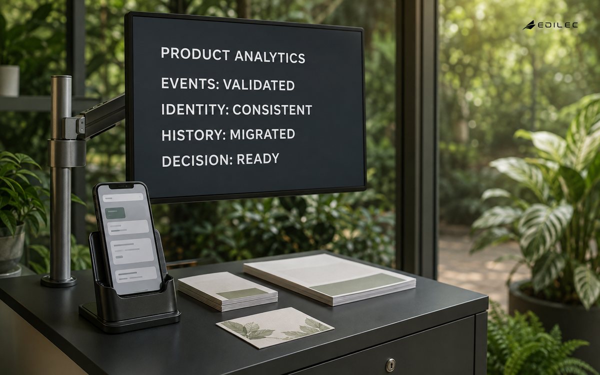 A membership-app migration station validates events, identity, and history for product analytics.