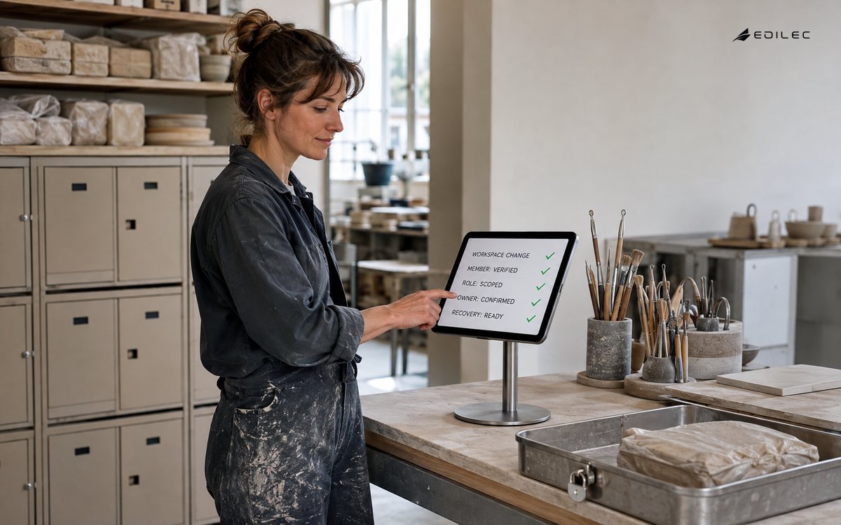 A ceramics-studio member uses a pedestal tablet beside shared tools and storage.