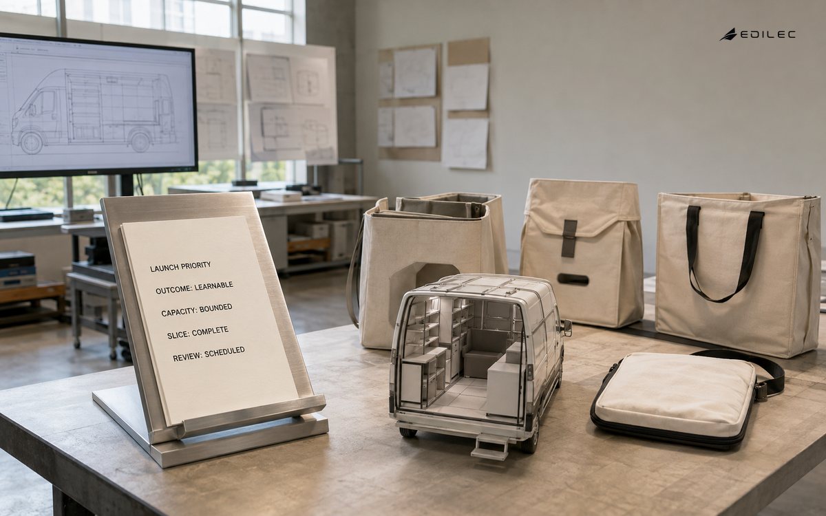 A printed launch-priority folio sits beside outreach prototypes and a mobile-library model.