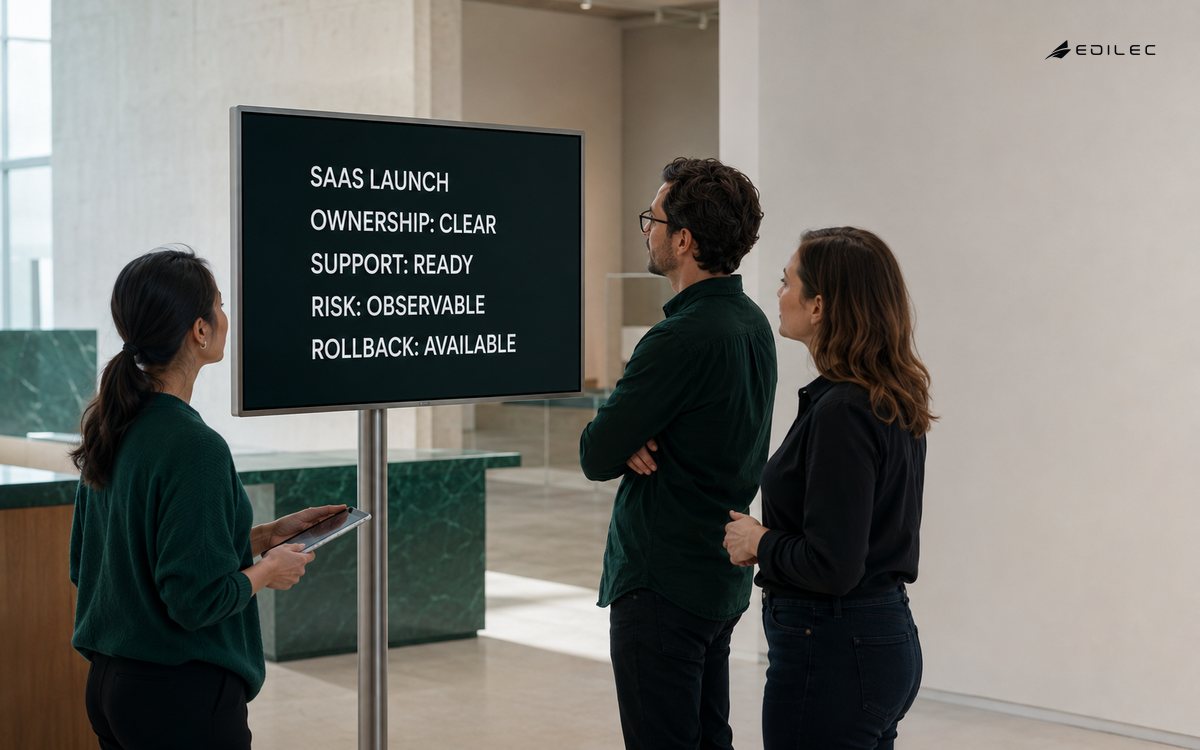 A museum digital-service team reviews SaaS launch ownership, support, risk and rollback readiness.