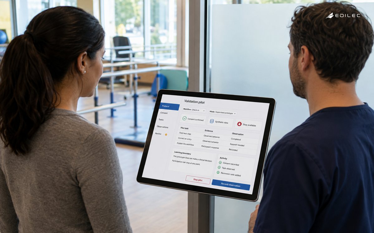 A participant and clinician review a supervised check-in prototype with consent and observation controls.