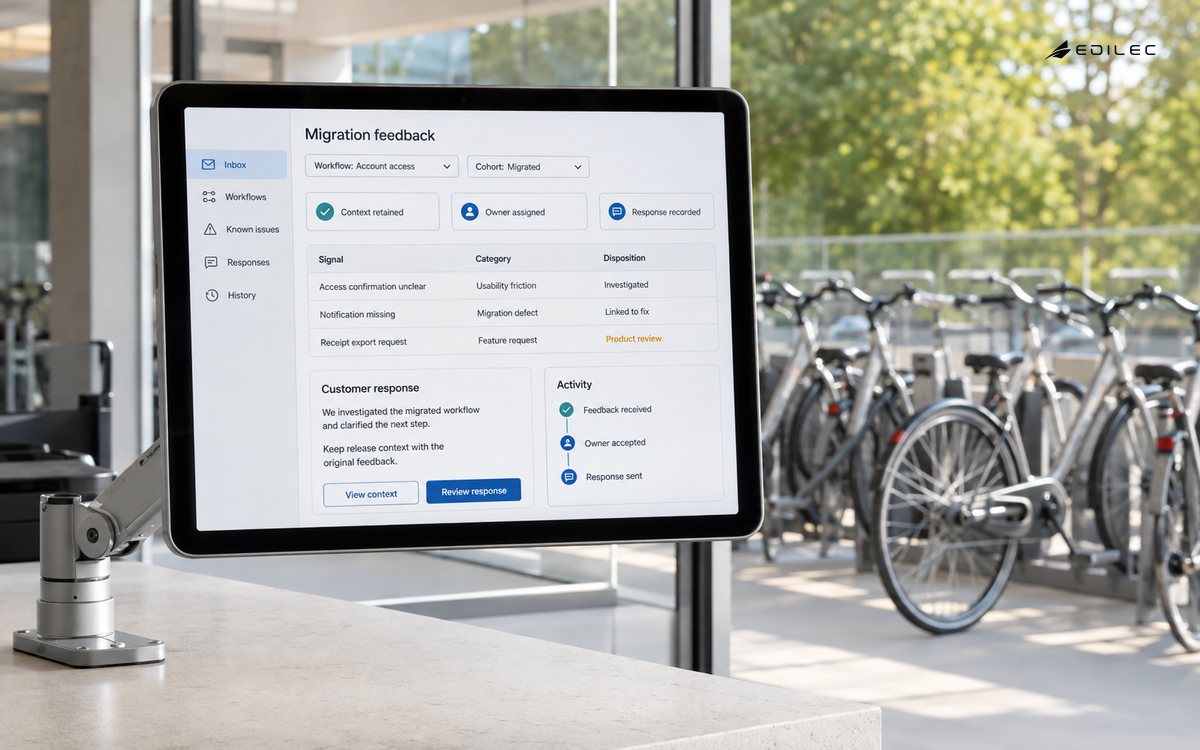 A migration-feedback workspace in a bicycle-share pavilion shows workflow context, issue routing and responses.