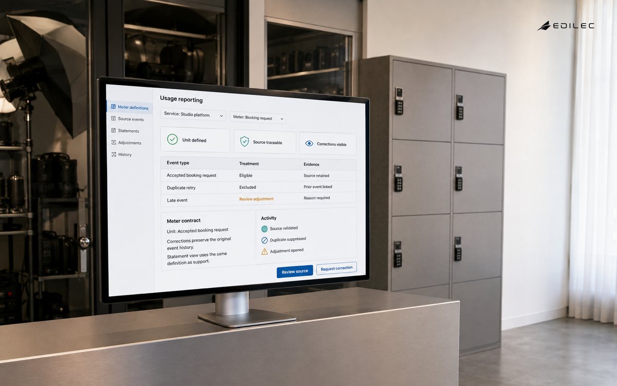 A studio-platform usage reporting monitor shows meter definitions, source events and visible corrections.