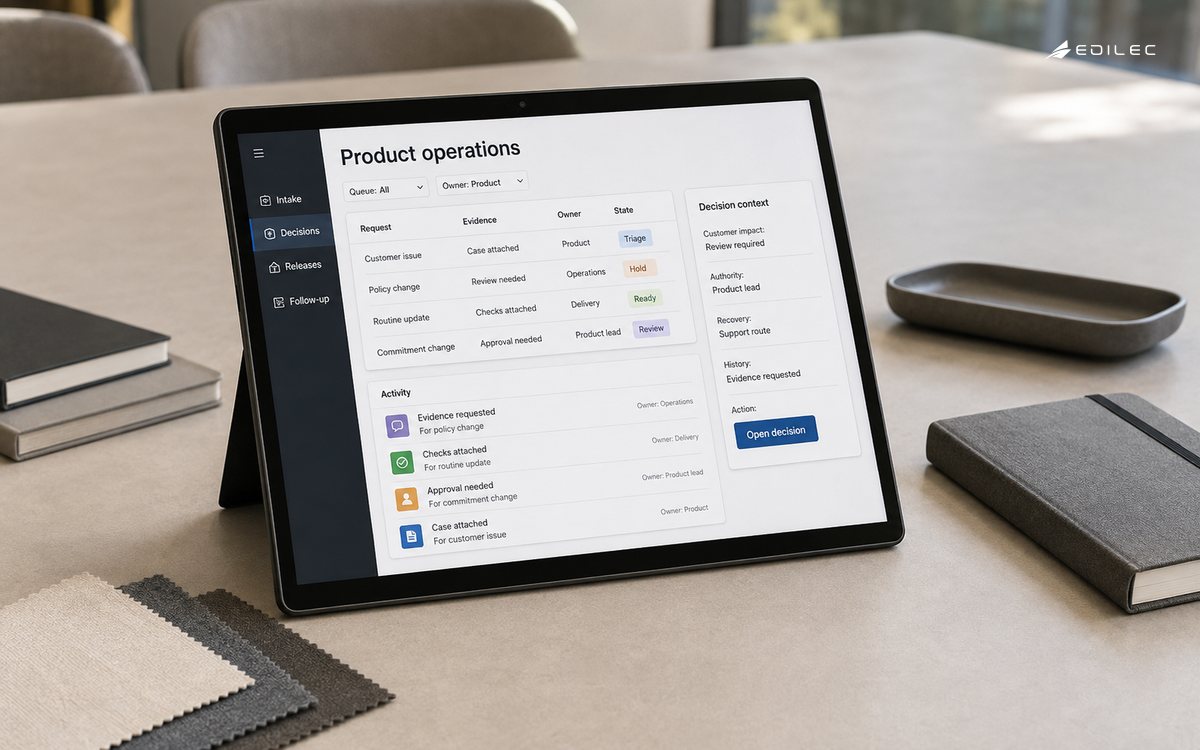 A tablet on a shared planning table displays product-operation queues and decision authority.