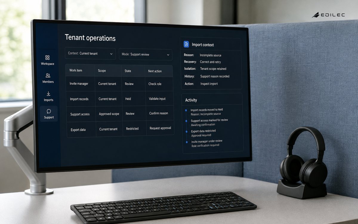 A support-booth monitor shows tenant-scoped work, an import hold and recovery context.