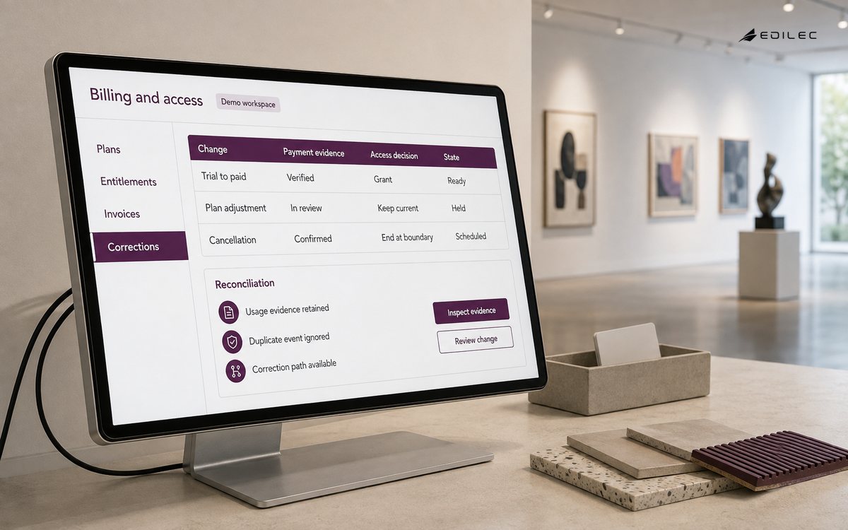 A billing workspace pairs subscription changes with payment evidence and controlled access decisions.