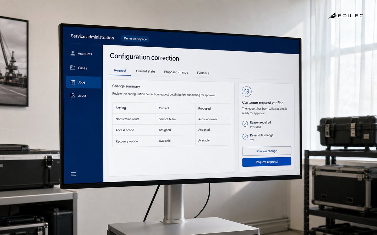 A service administration console compares a current setting with a proposed correction and approval evidence.