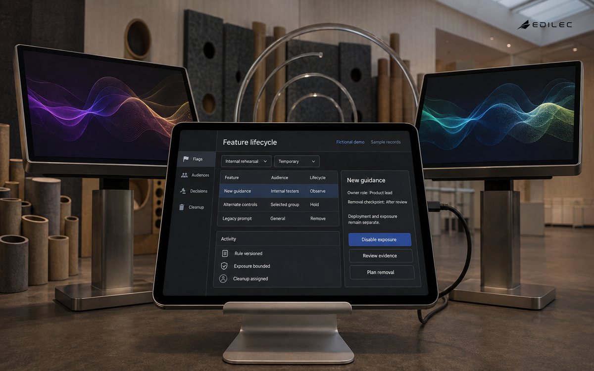 A feature-lifecycle app controls an acoustic exhibit rehearsal with varied visitor interfaces.