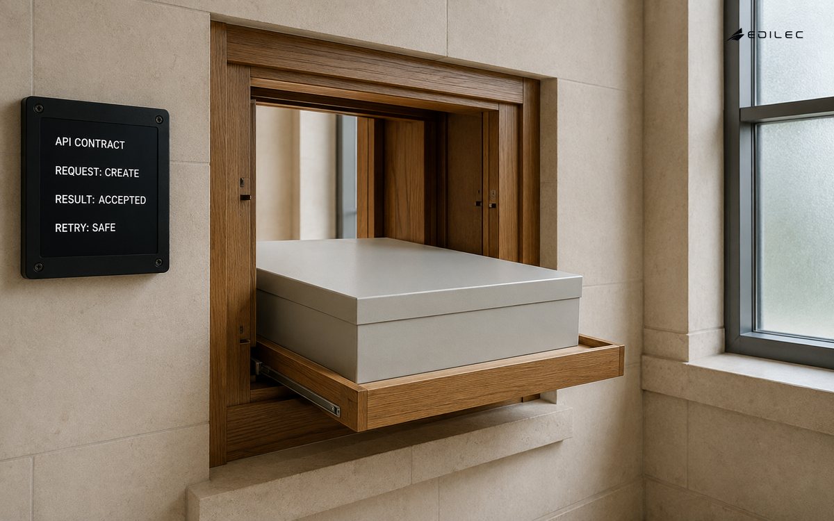 An artifact case moves through a controlled museum transfer hatch beside an API request, result and retry contract.